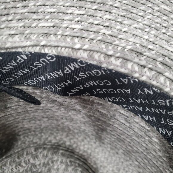 August Hat Co Wide Brim Woven Sun Hat Paper Straw Light Gray Black Accent Strap - Picture 8 of 11